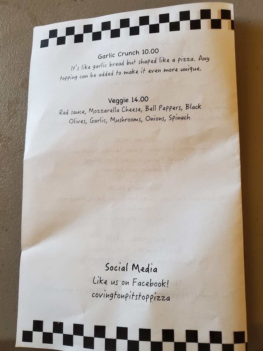 Pit Stop Pizza menu board