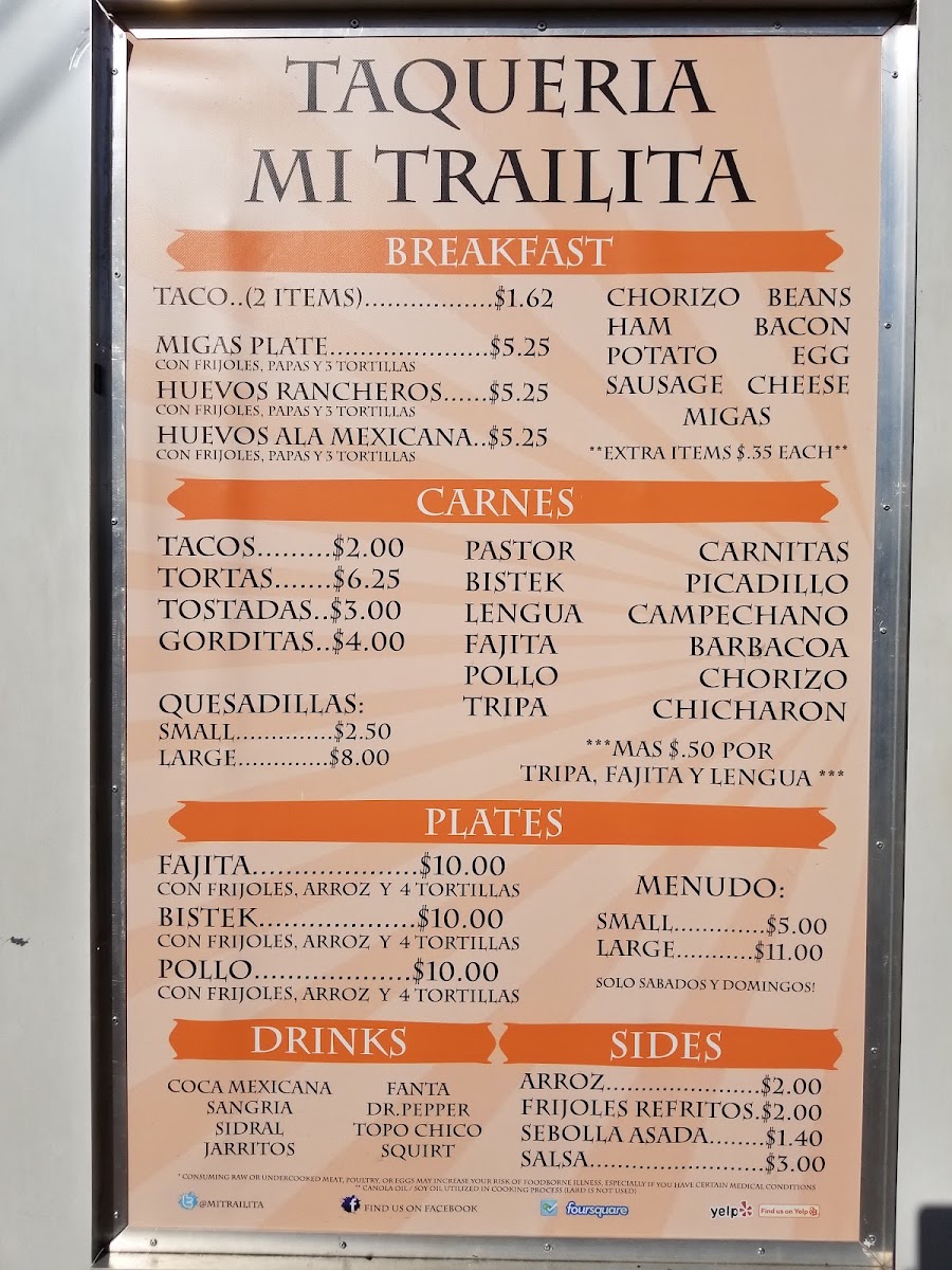 Taqueria Mi Trailita menu board