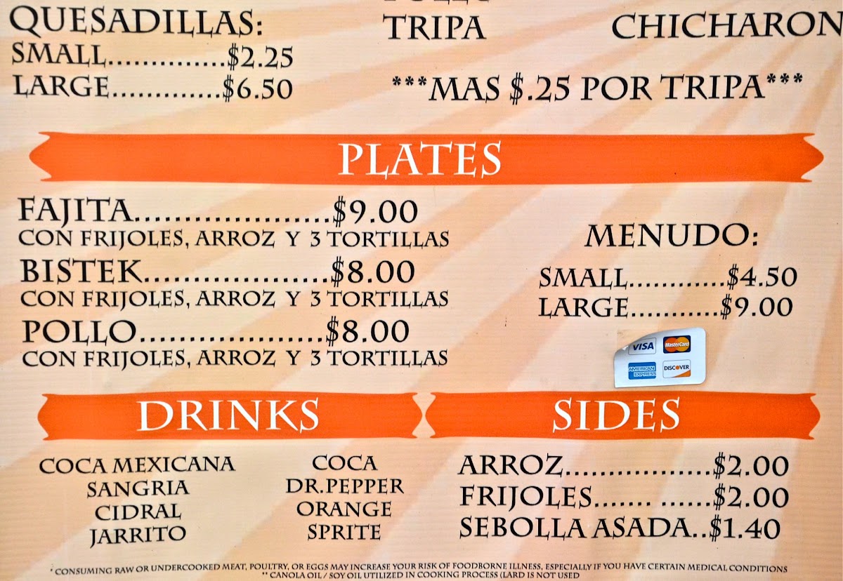 Taqueria Mi Trailita menu board