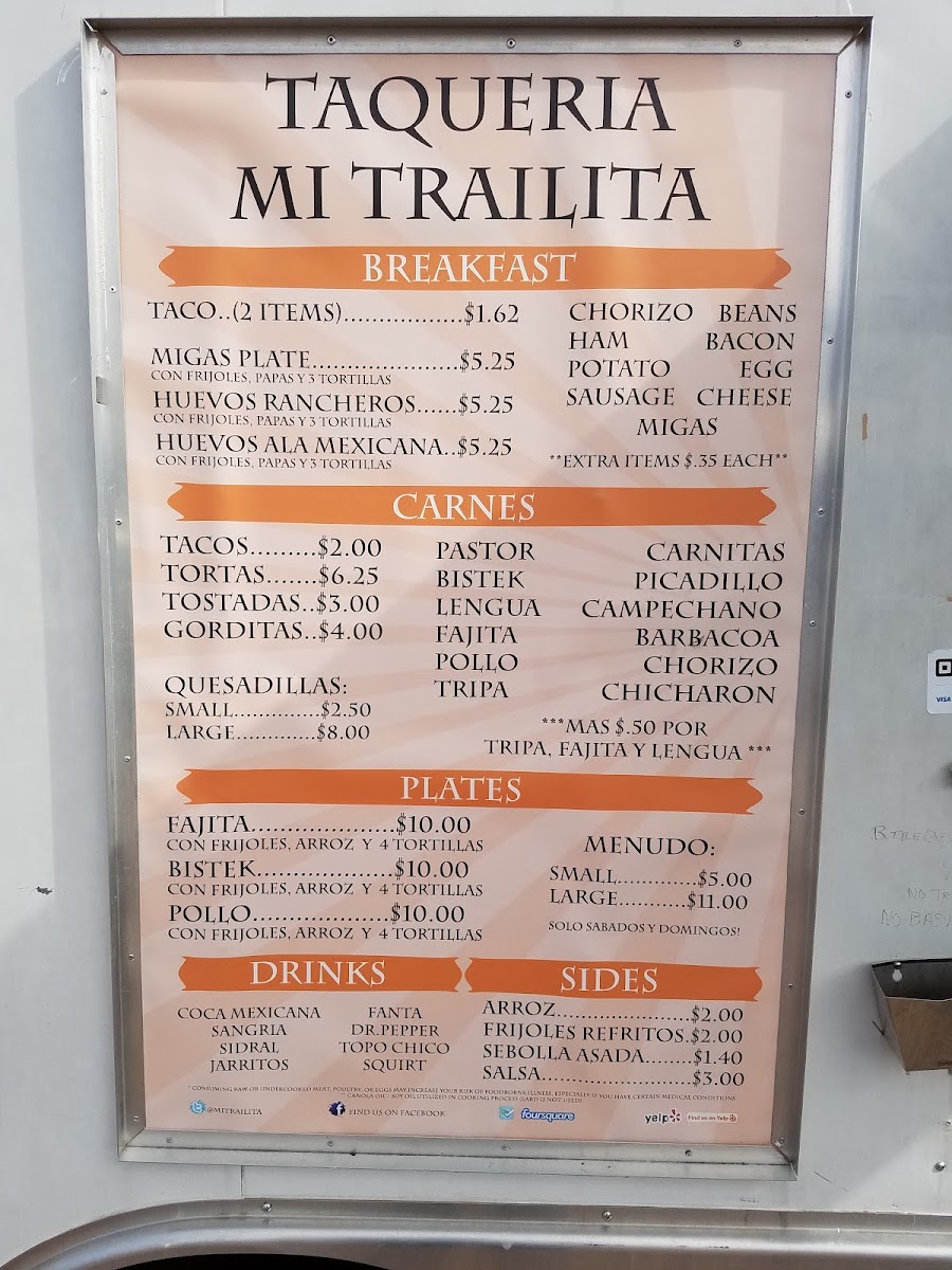 Taqueria Mi Trailita menu board
