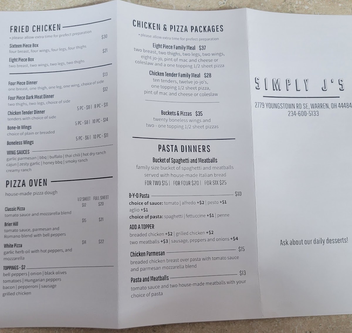 Simply J's menu board