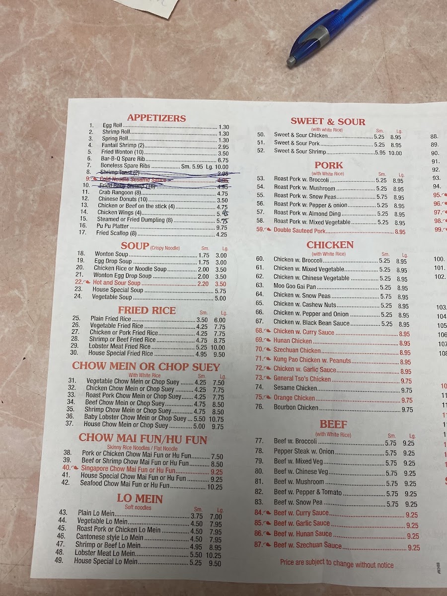 Chung Chinese Restaurant menu board
