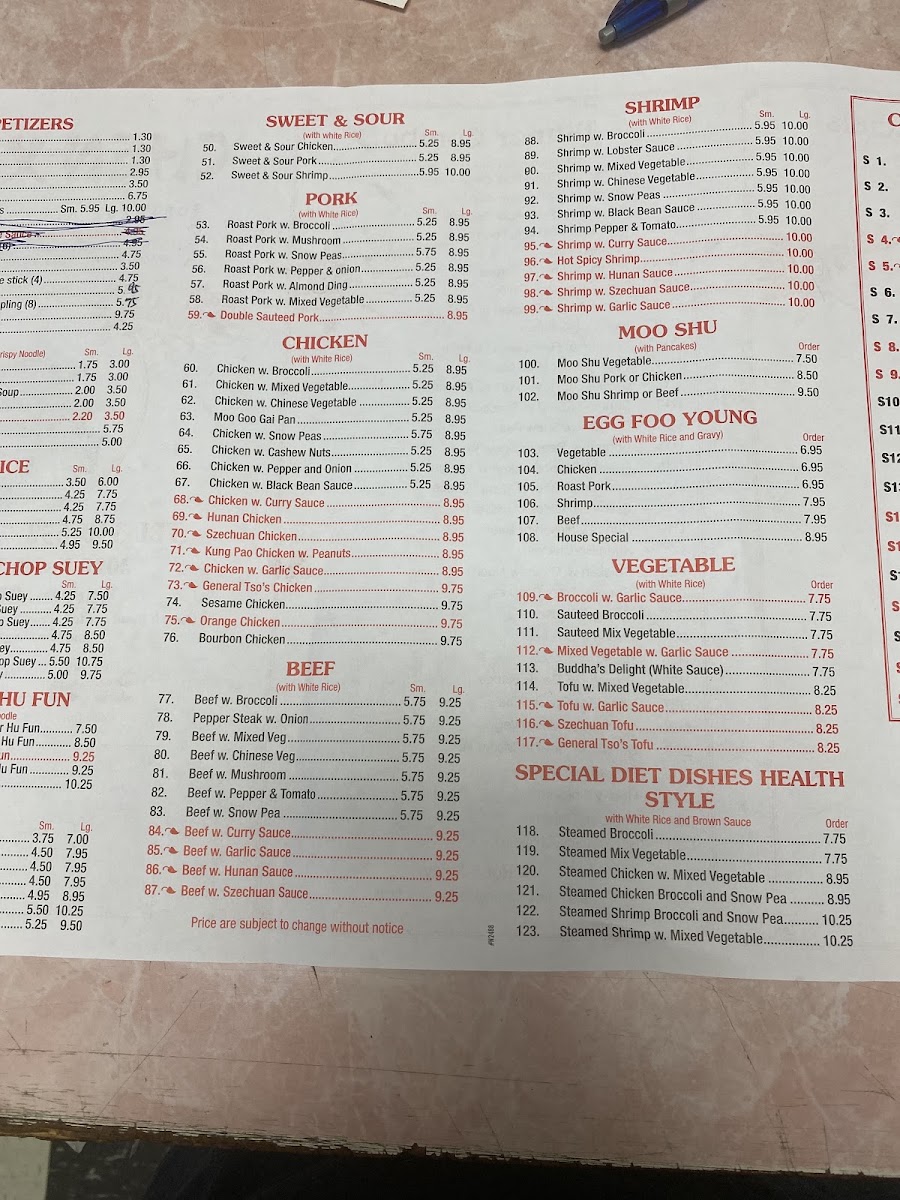 Chung Chinese Restaurant menu board