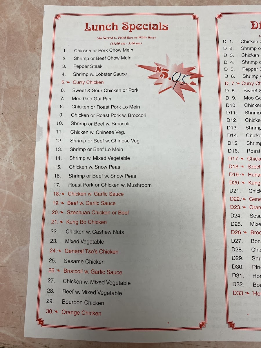 Chung Chinese Restaurant menu board