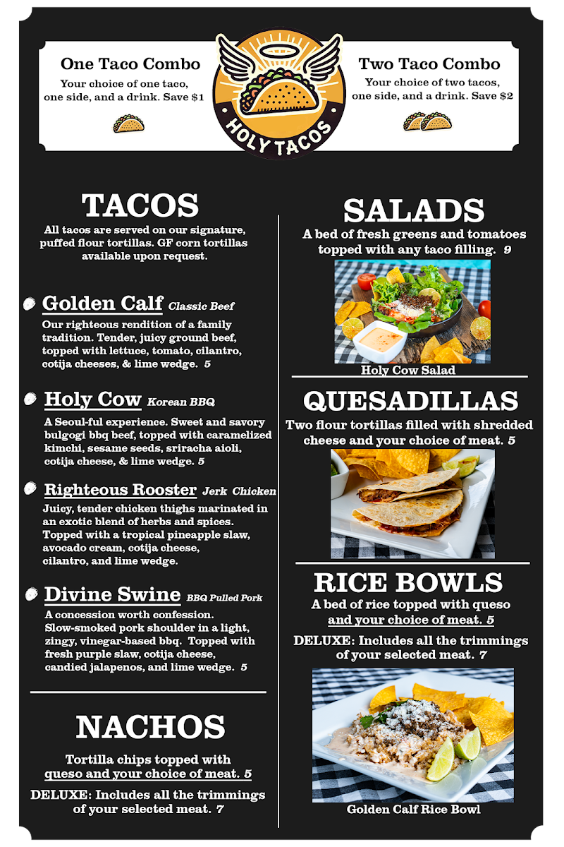 Holy Tacos menu board