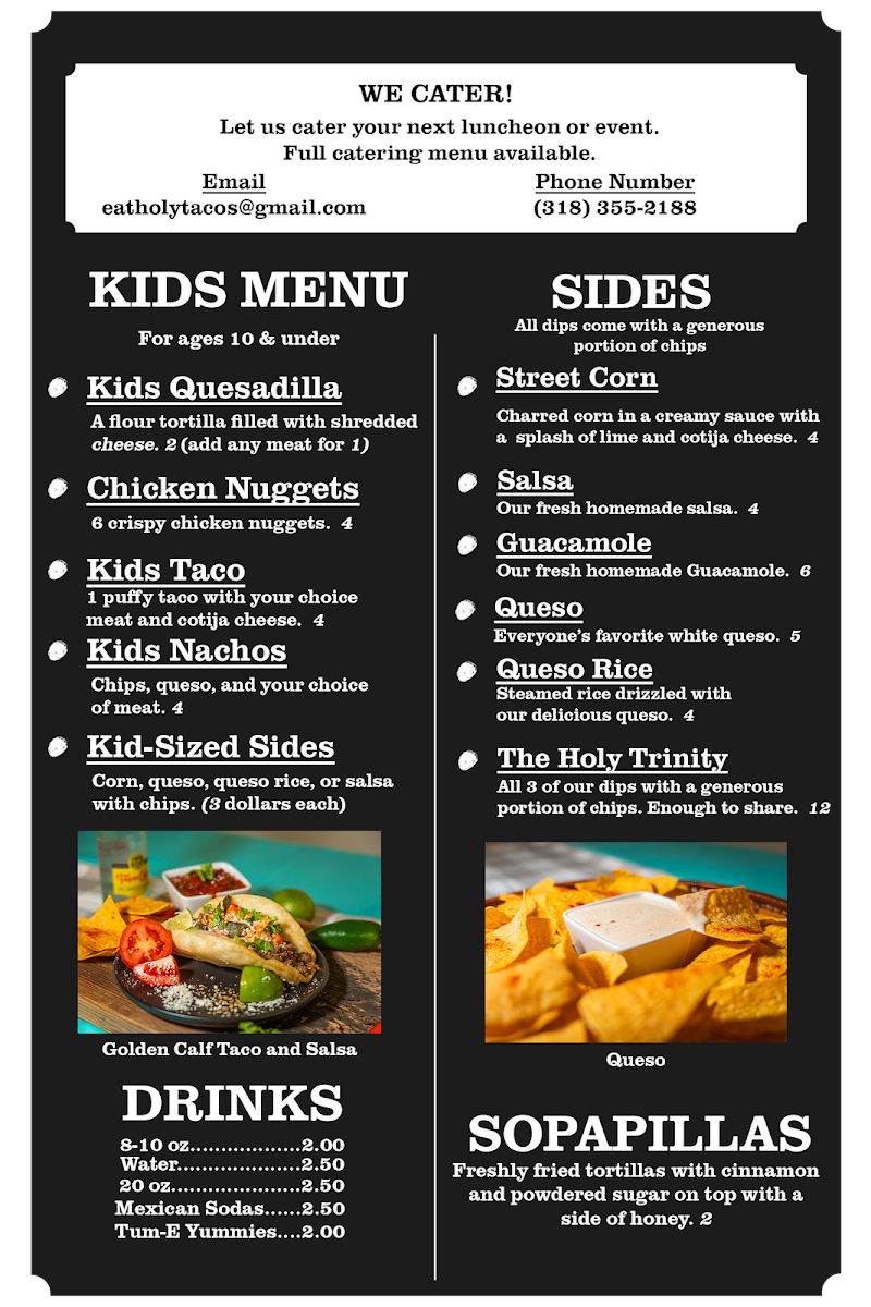 Holy Tacos menu board