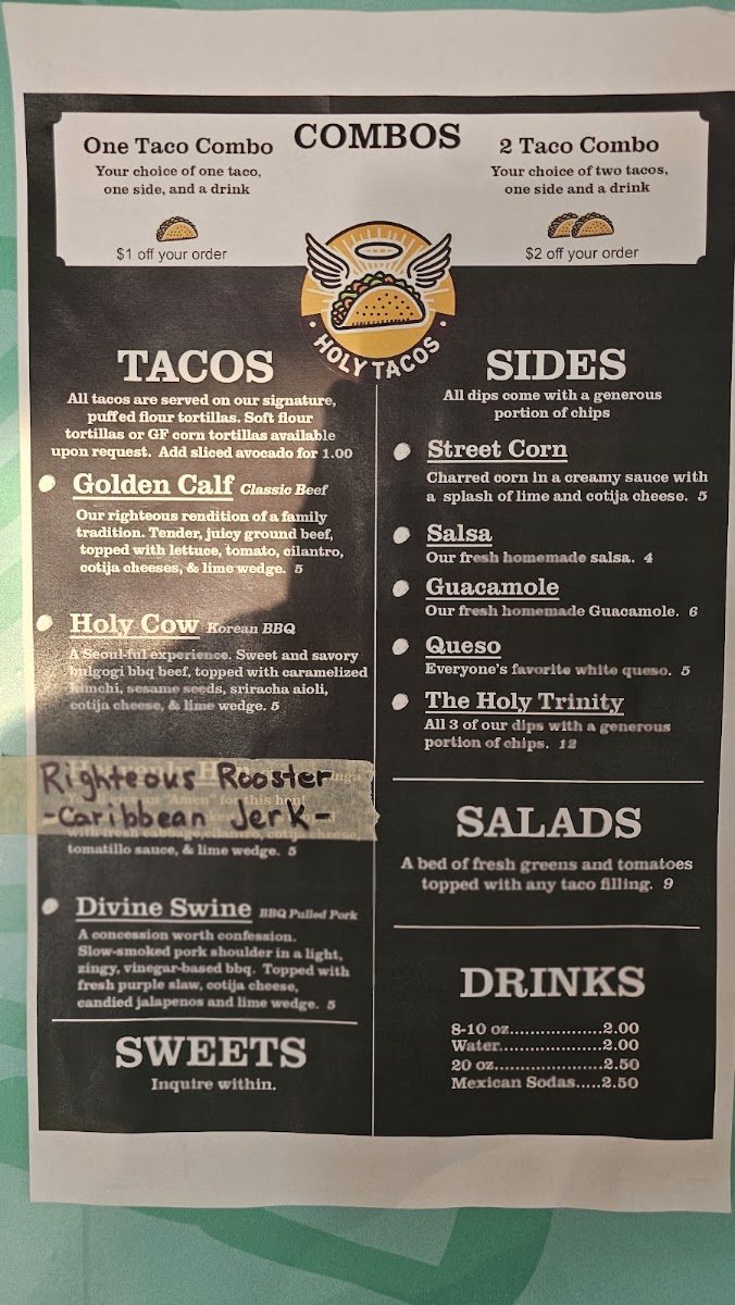 Holy Tacos menu board