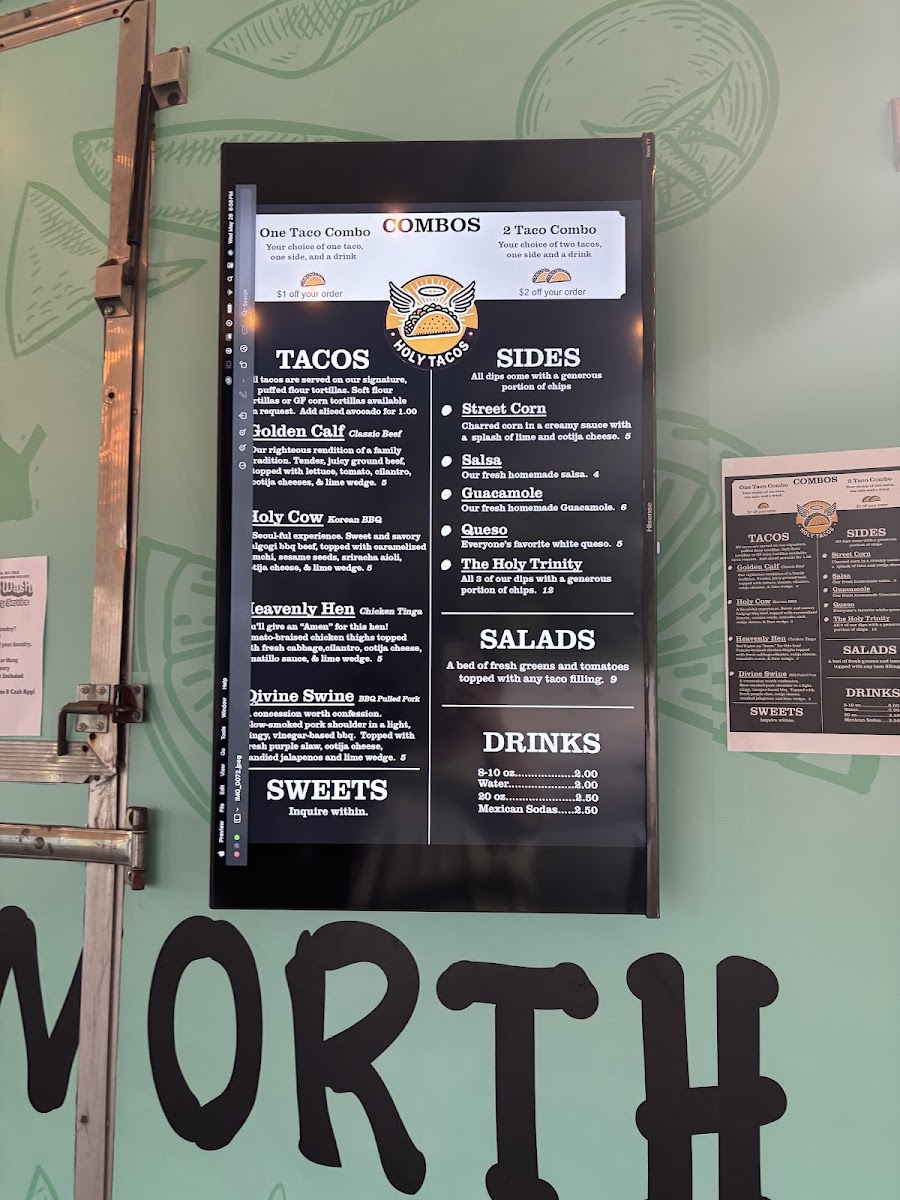 Holy Tacos menu board