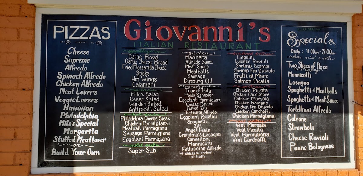 Giovanni's Italian Restaurant menu board