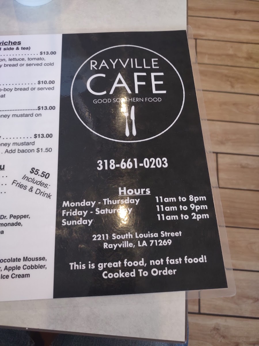 Rayville Cafe menu board