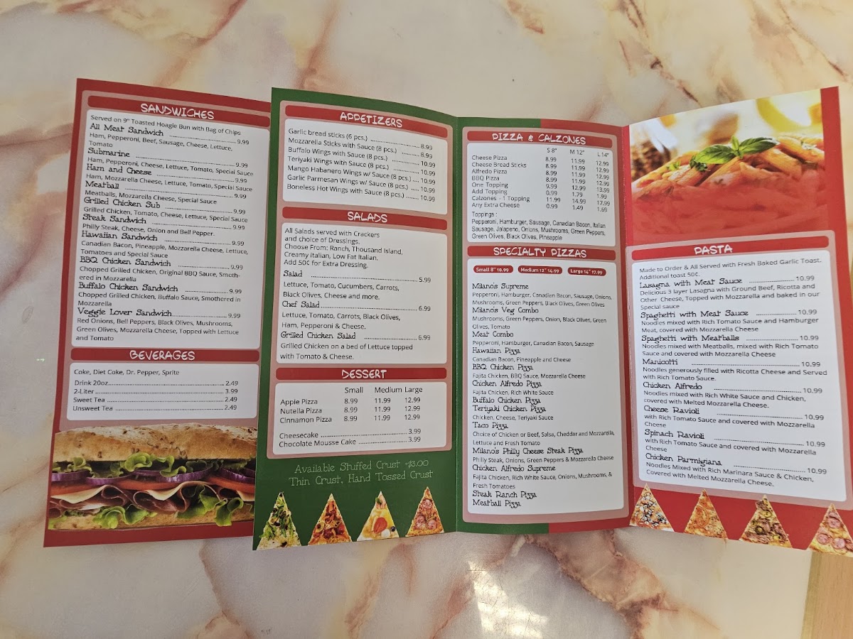 Milano's Pizza Grandview menu board