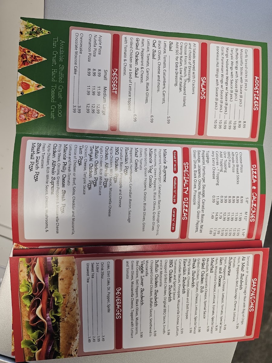 Milano's Pizza Grandview menu board
