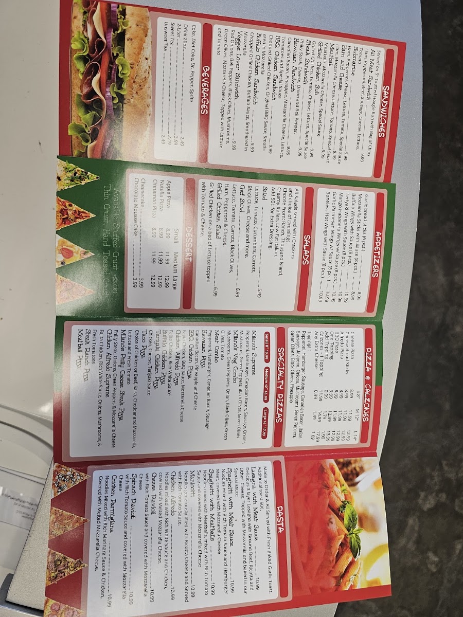 Milano's Pizza Grandview menu board