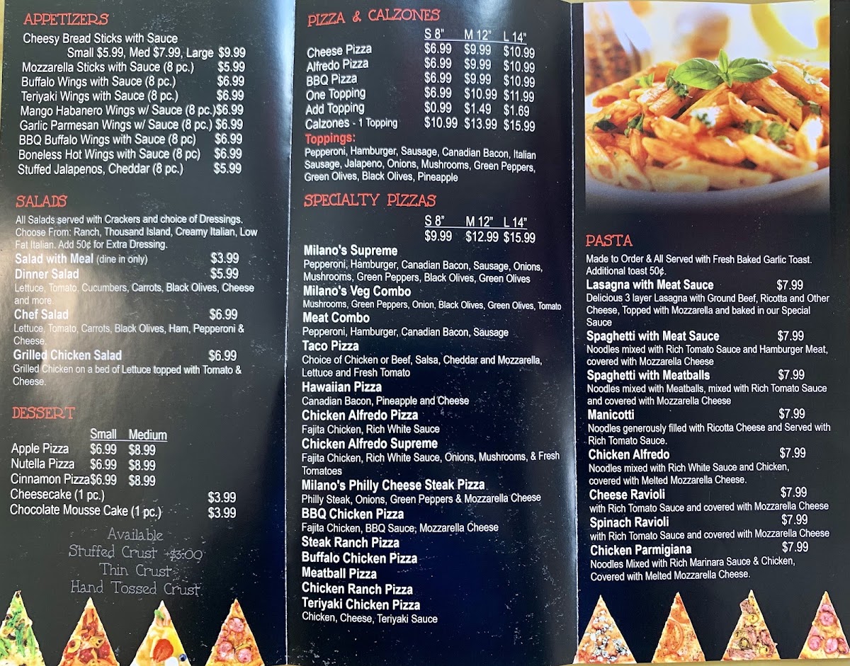 Milano's Pizza Grandview menu board