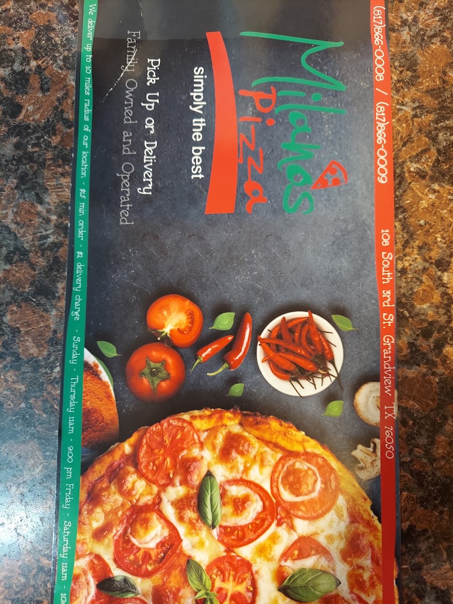 Milano's Pizza Grandview menu board