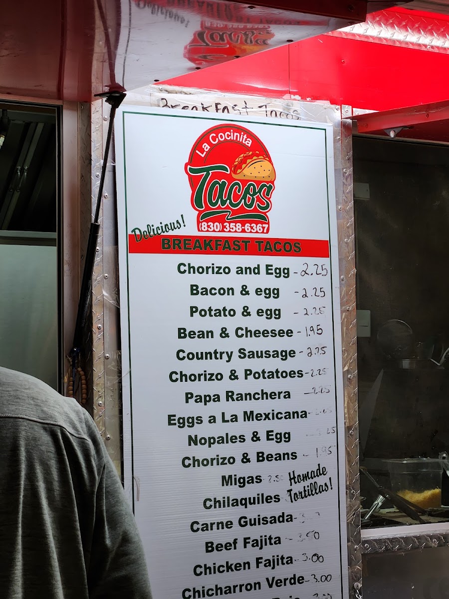 Tacos la cocinita menu board