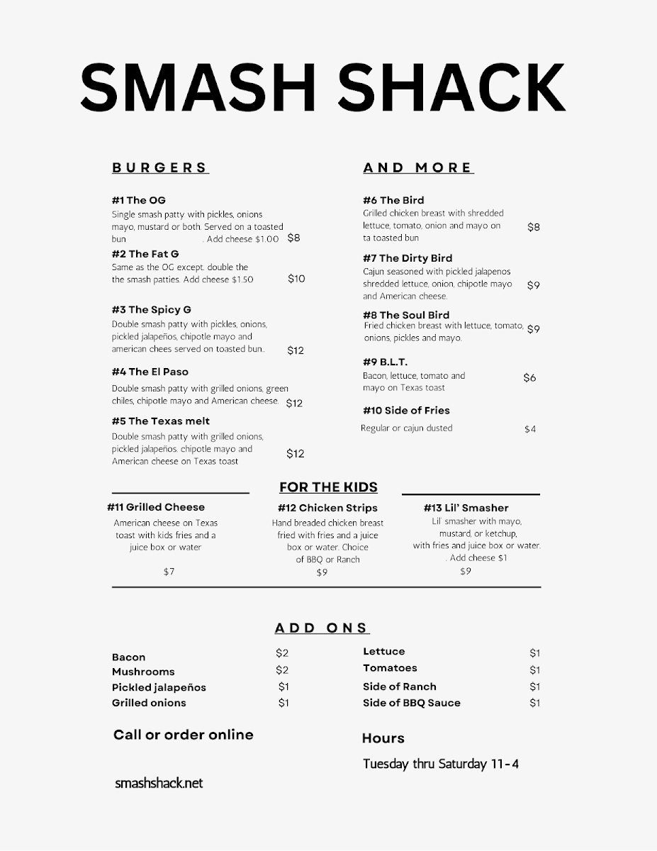 Smash Shack menu board
