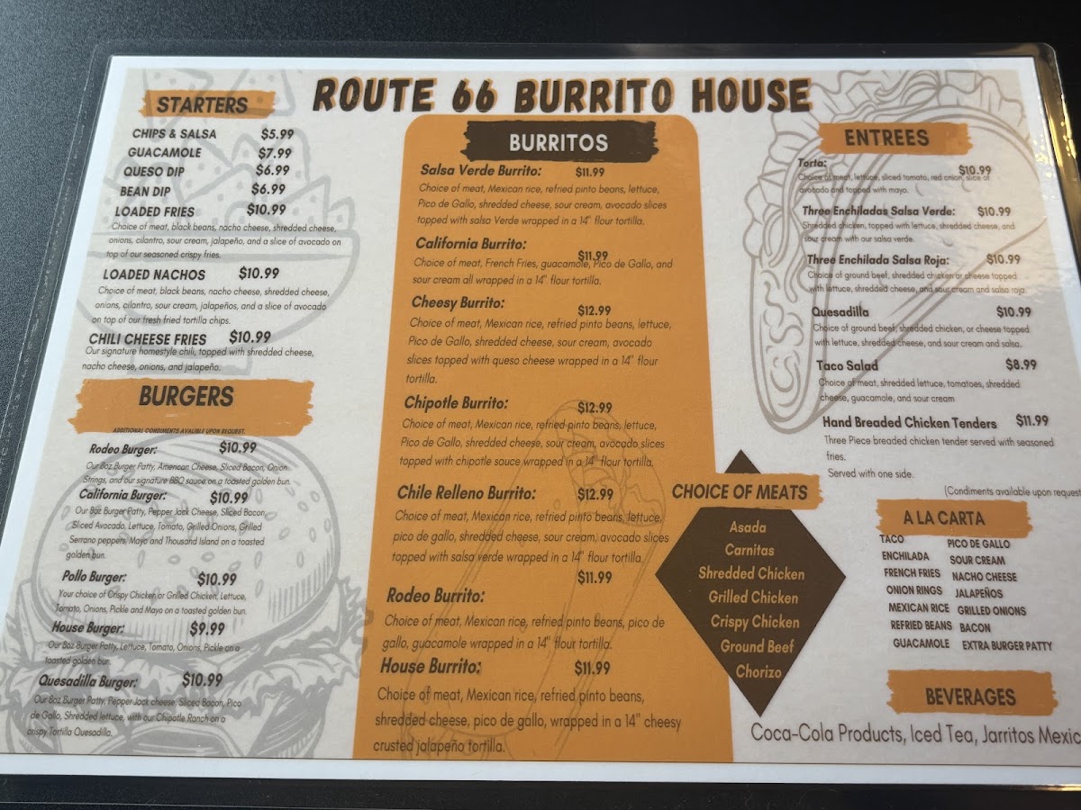 Route 66 Burrito House menu board