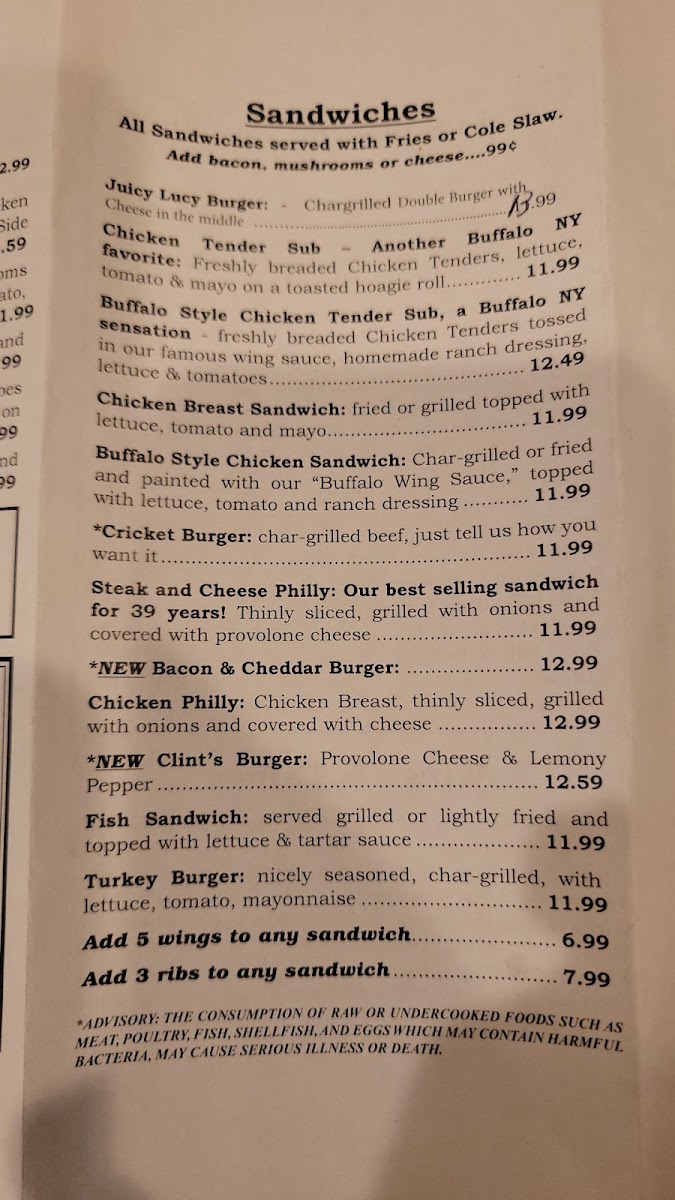 J.R. Crickets Riverdale menu board