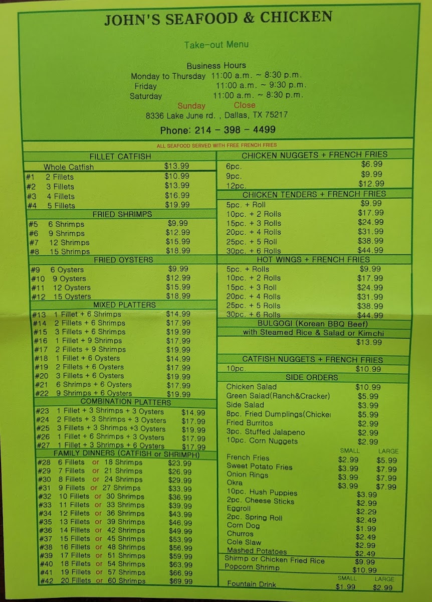 John's Seafood menu board
