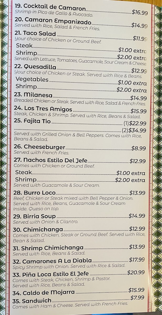 Taqueria El Jefe Y Restaurant menu board