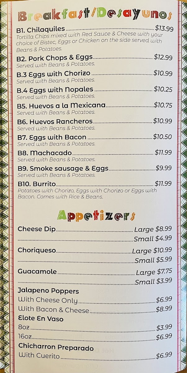Taqueria El Jefe Y Restaurant menu board