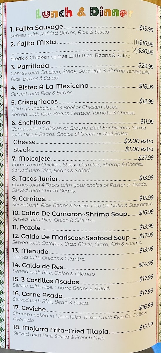 Taqueria El Jefe Y Restaurant menu board