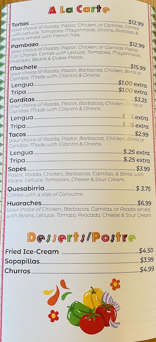 Taqueria El Jefe Y Restaurant menu board