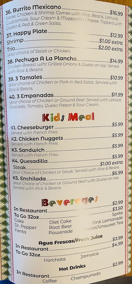 Taqueria El Jefe Y Restaurant menu board