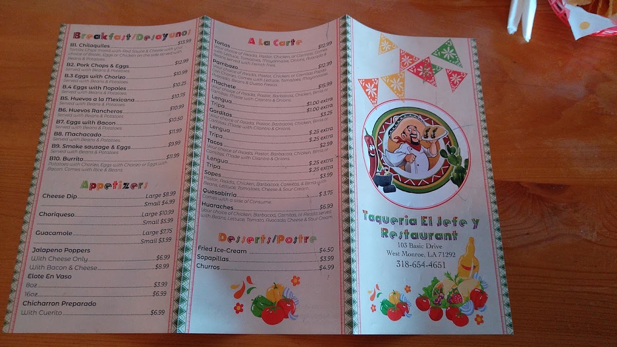 Taqueria El Jefe Y Restaurant menu board