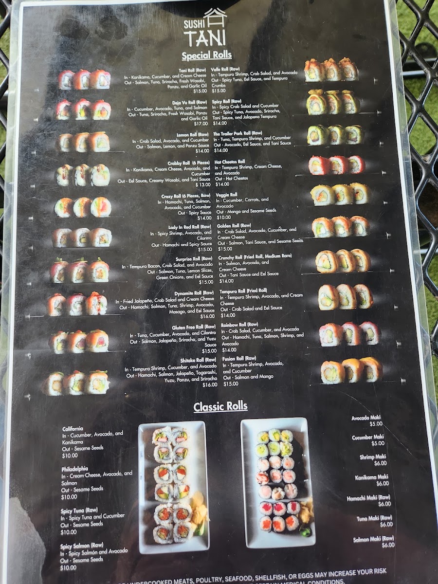 Sushi Tani menu board