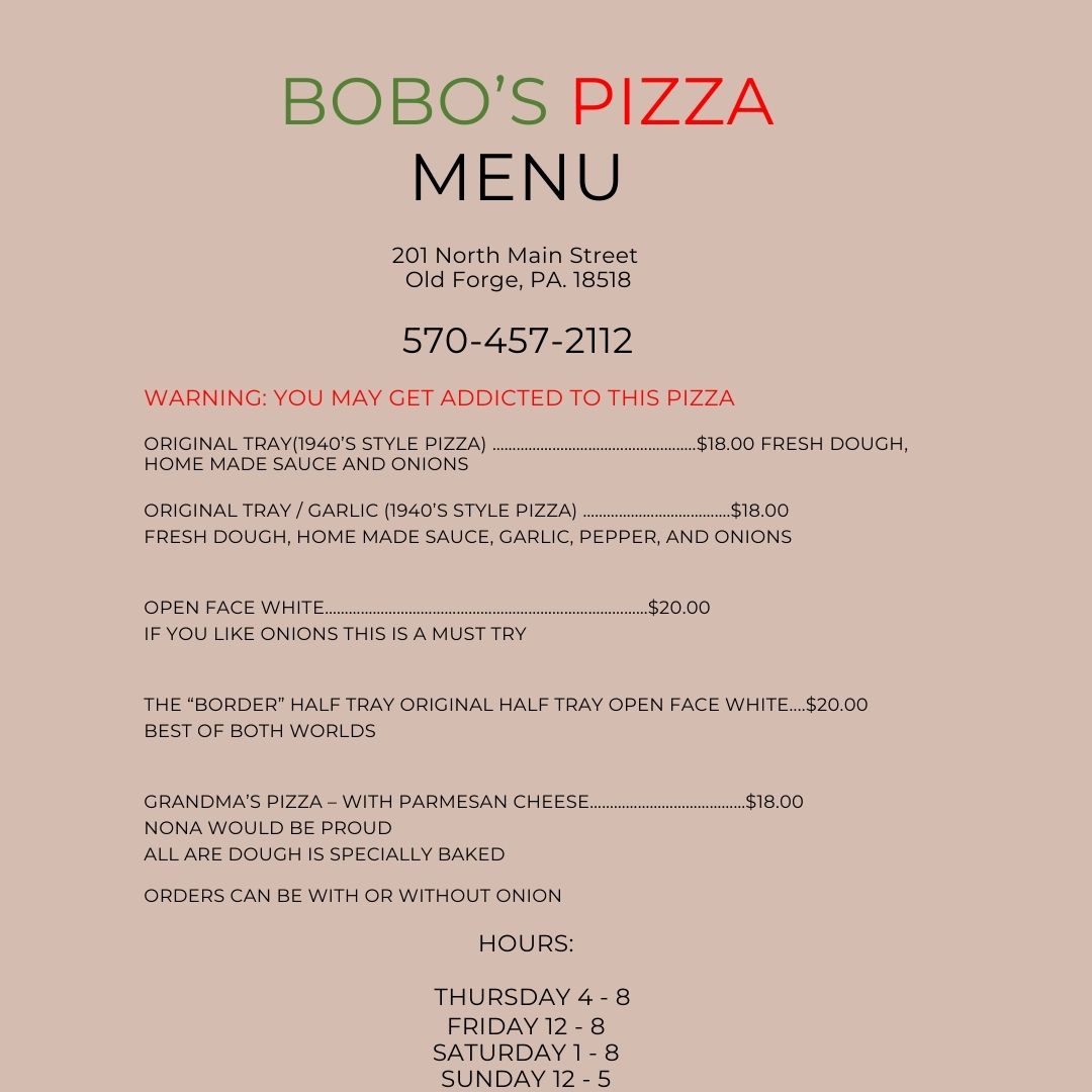 Bobo's Pizza menu board