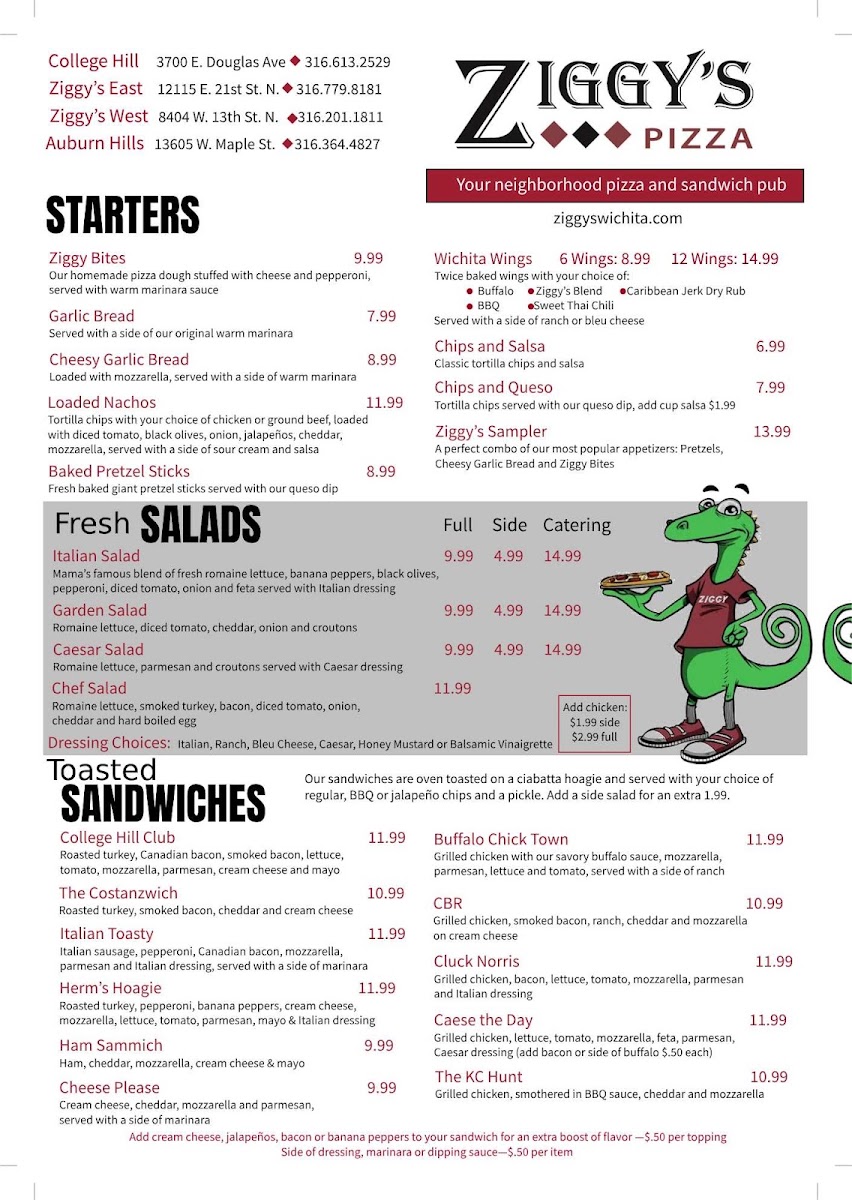 Ziggy's Pizza Auburn Hills menu board