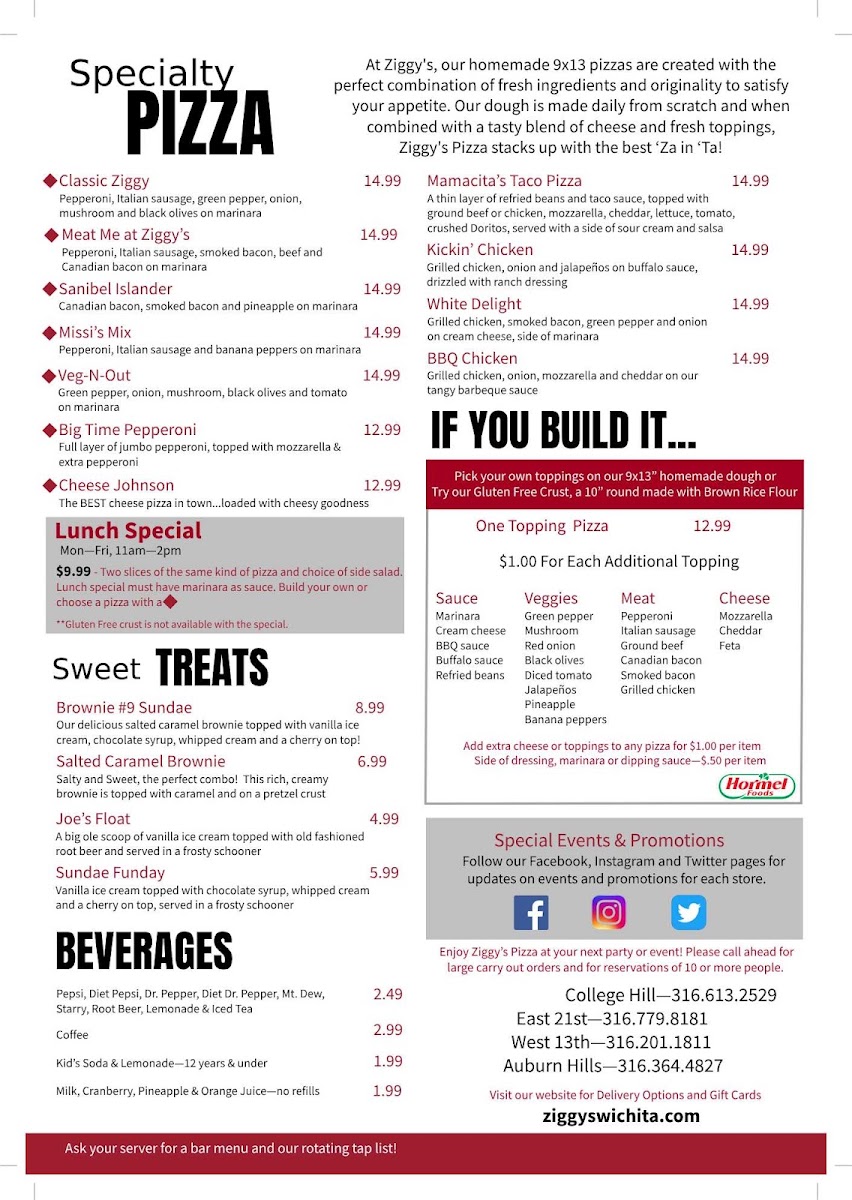 Ziggy's Pizza Auburn Hills menu board