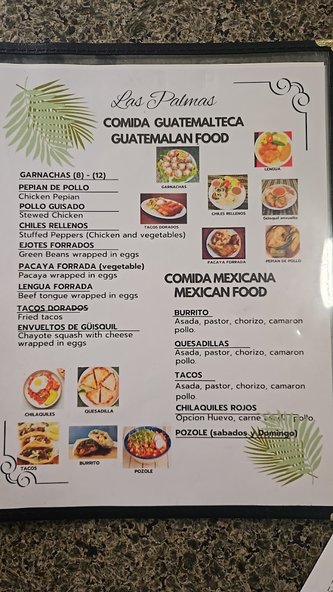 Restaurante y Pupuseria Las Palmas menu board