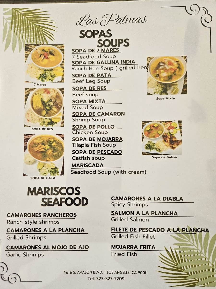 Restaurante y Pupuseria Las Palmas menu board