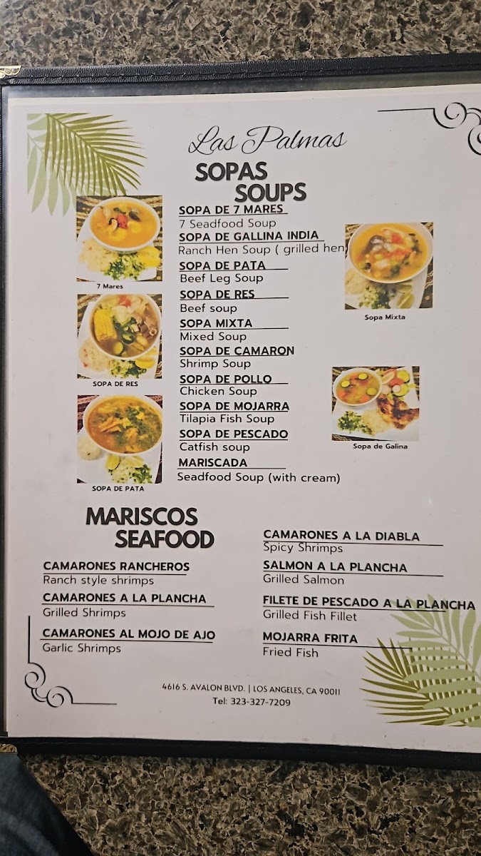 Restaurante y Pupuseria Las Palmas menu board