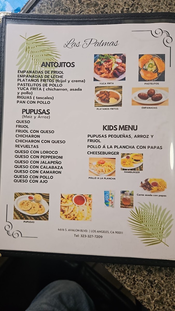 Restaurante y Pupuseria Las Palmas menu board