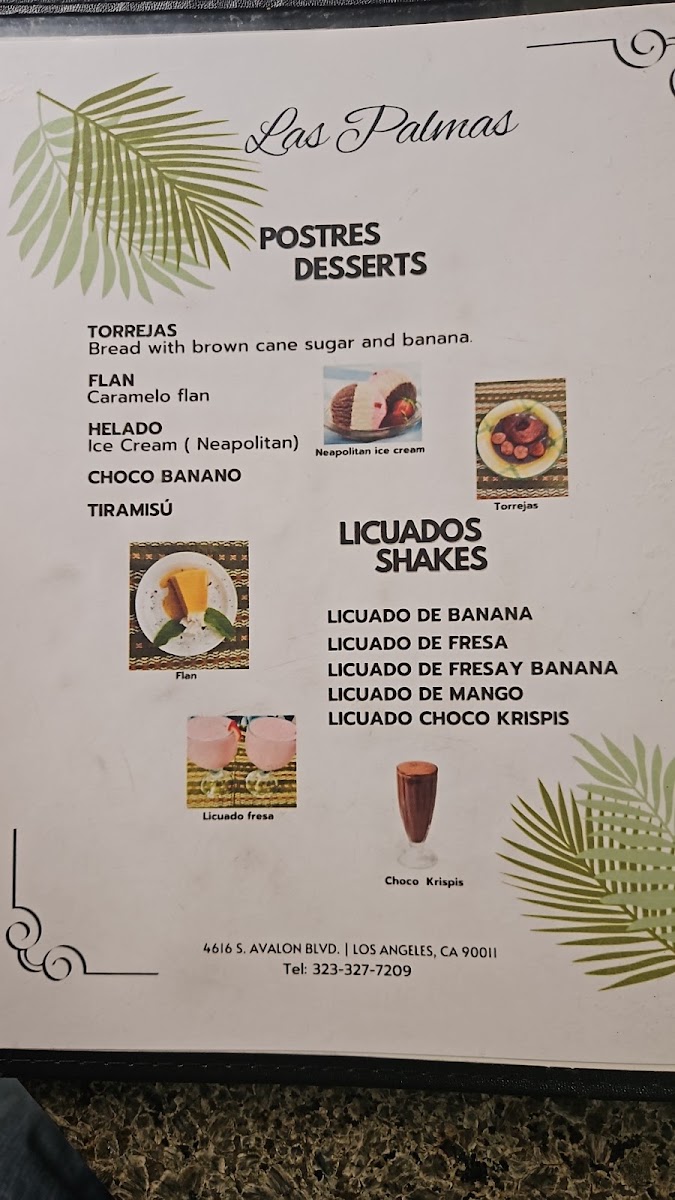 Restaurante y Pupuseria Las Palmas menu board