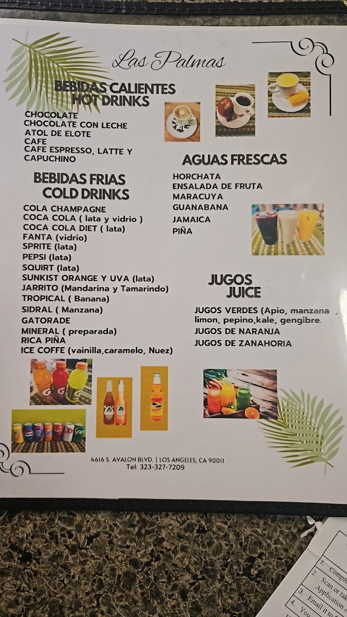 Restaurante y Pupuseria Las Palmas menu board
