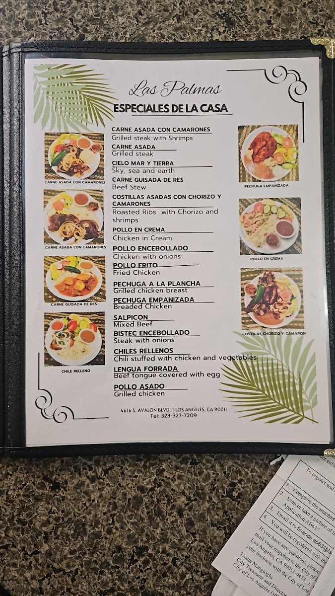 Restaurante y Pupuseria Las Palmas menu board