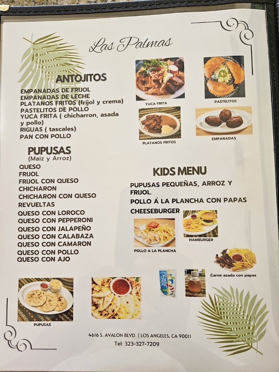 Restaurante y Pupuseria Las Palmas menu board