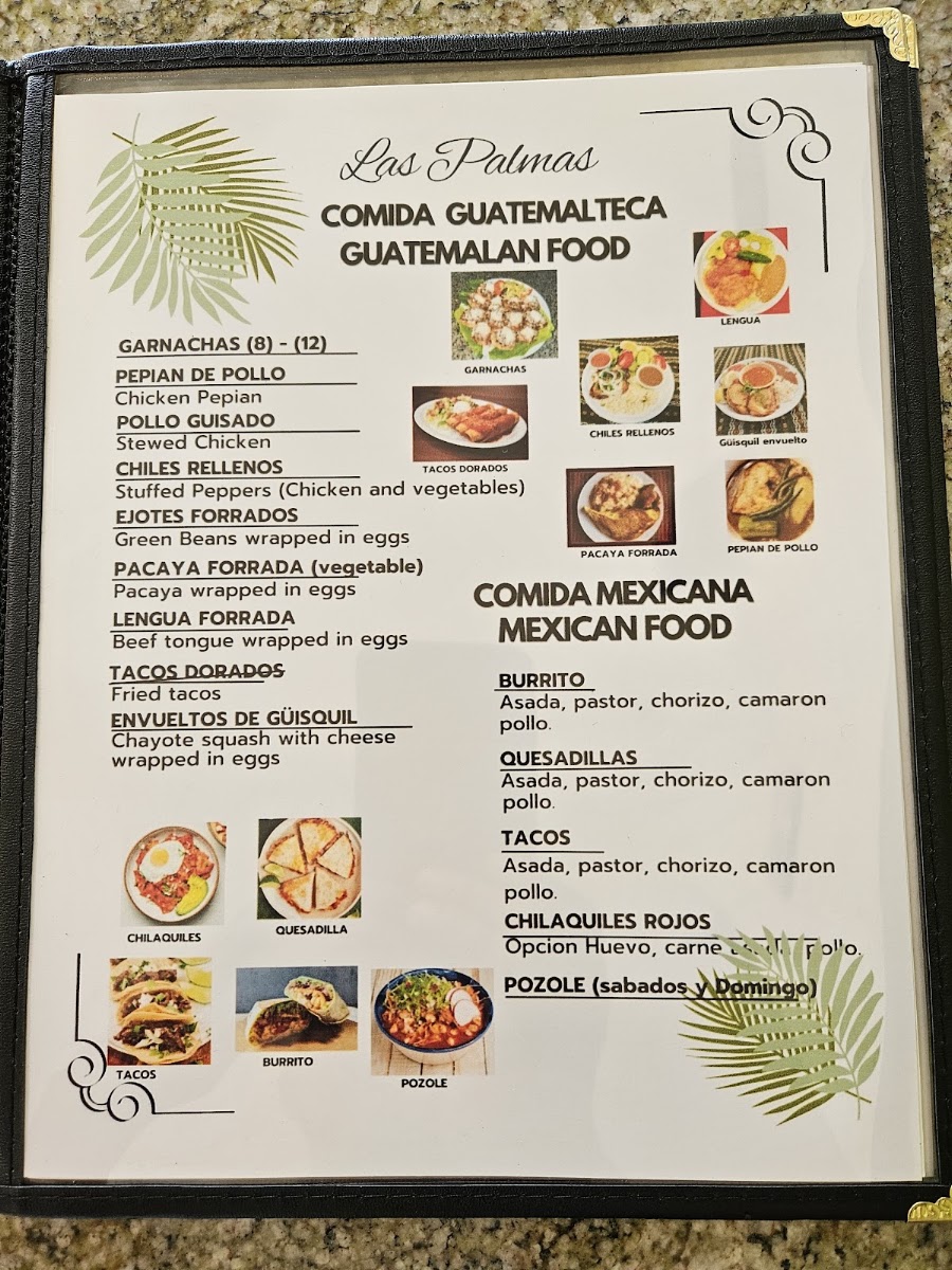 Restaurante y Pupuseria Las Palmas menu board