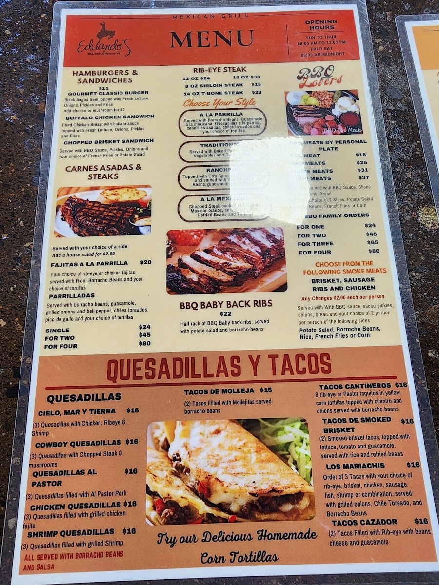 Eduardo's BBQ, Steak & Mexican Grill menu board