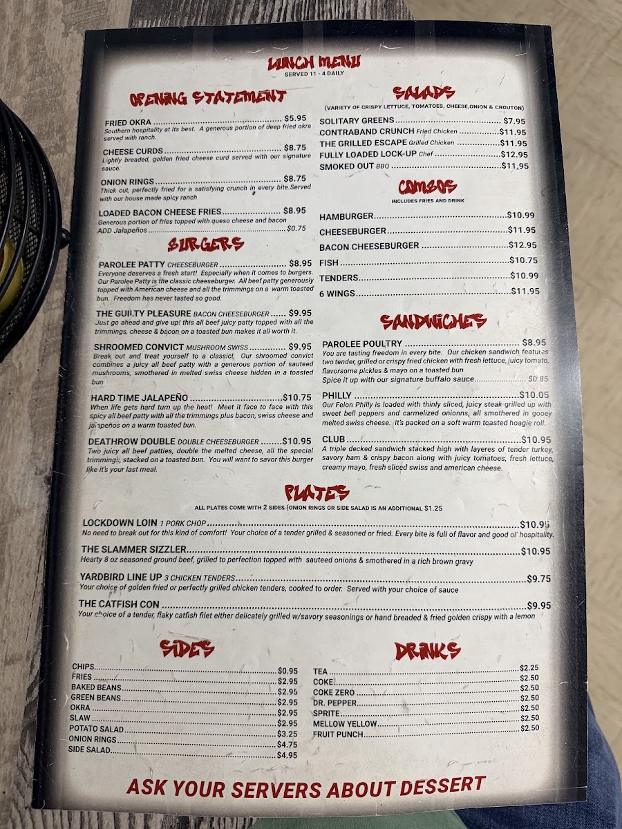Jail House Junction Cafe menu board