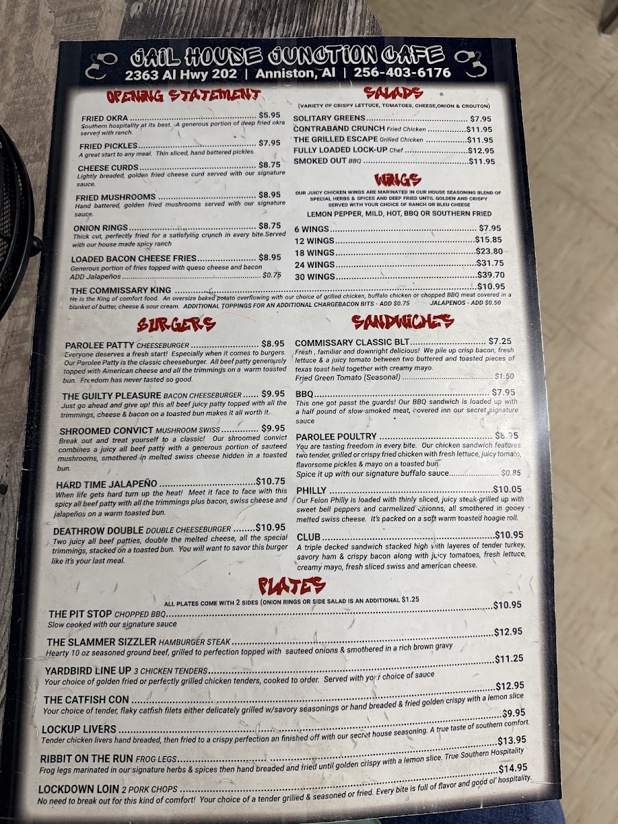 Jail House Junction Cafe menu board