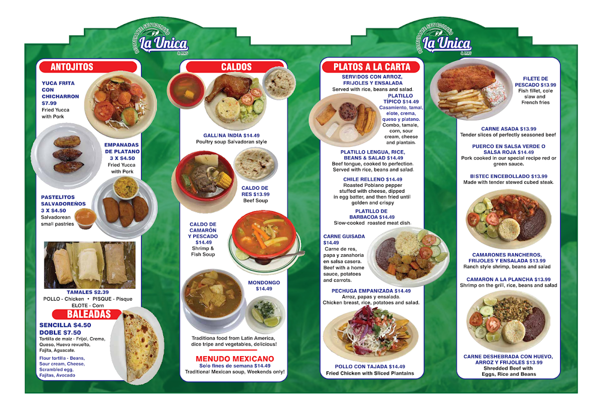 La Unica Restaurante Salvadoreño menu board