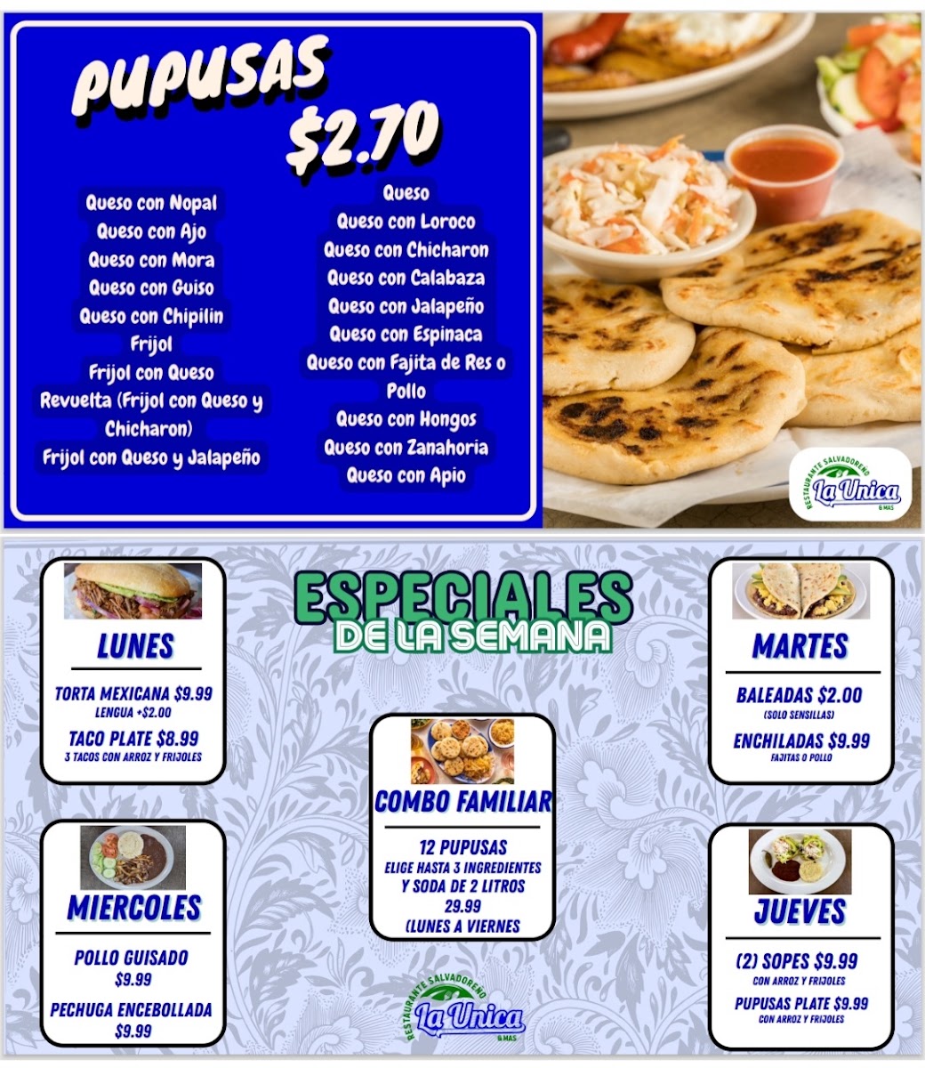 La Unica Restaurante Salvadoreño menu board