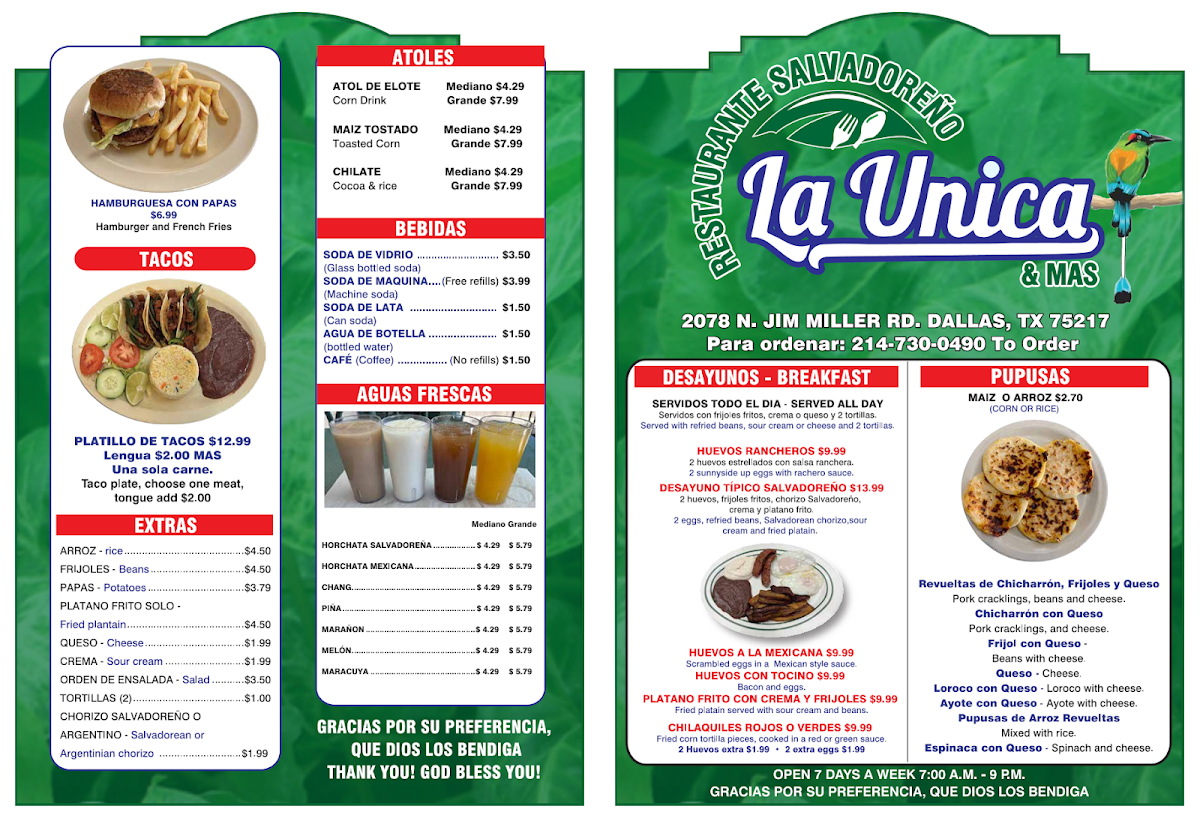 La Unica Restaurante Salvadoreño menu board