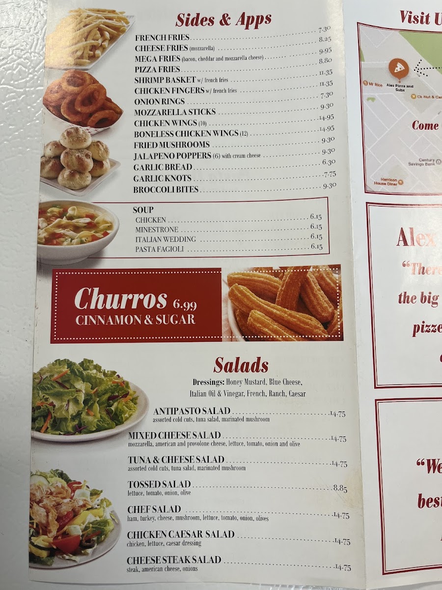 Alex Pizza and Subs menu board